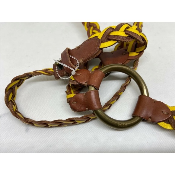Polo Ralph Lauren Brown Yellow Braided Leather Belt Brass Buckles L - Picture 6 of 6